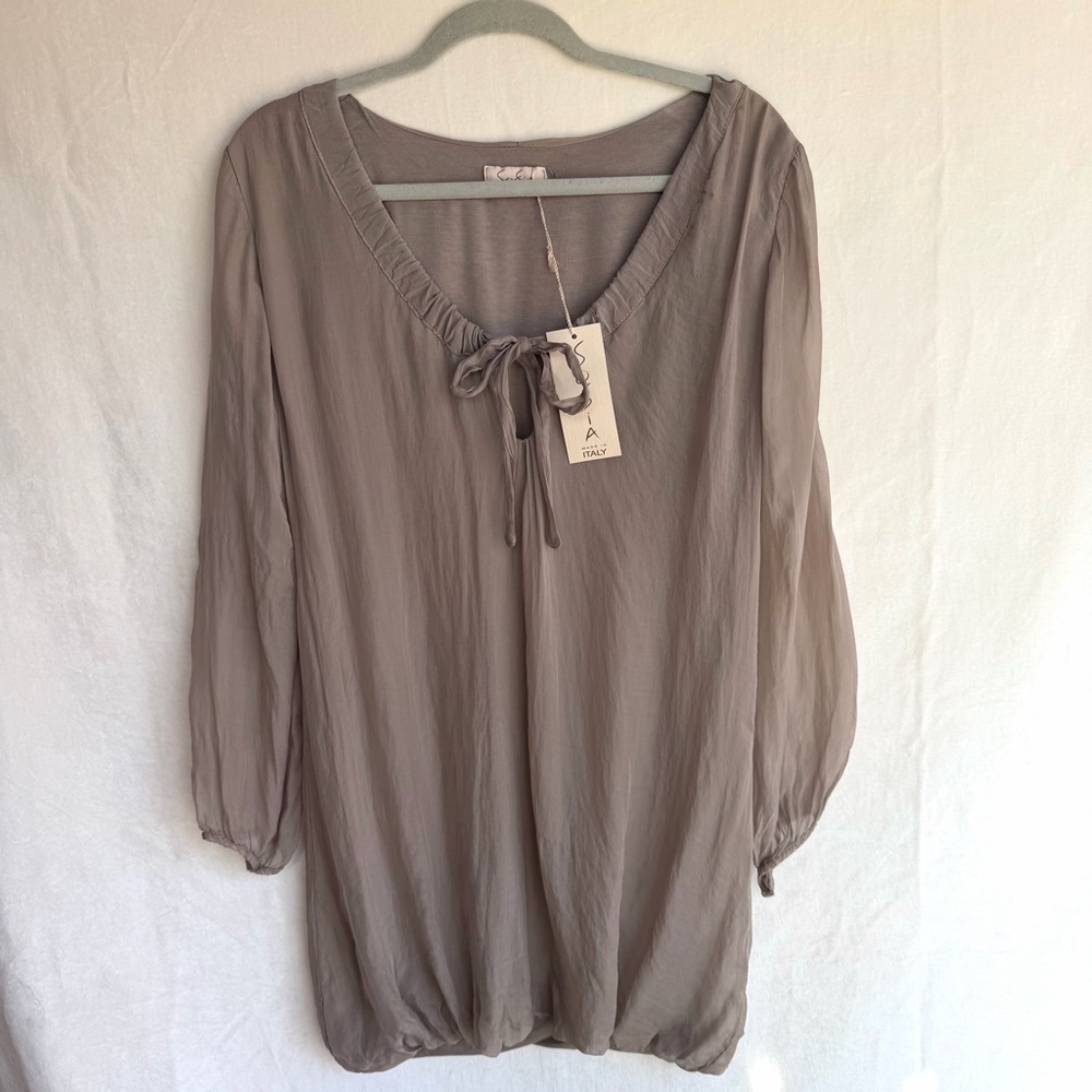 Sofia Italy 100% Silk Boho Peasant Dress Taupe Tie Neck Balloon Hem Lagenlook OS